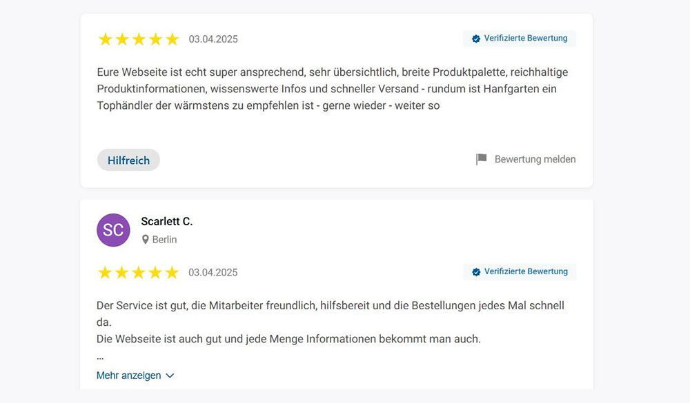 Hanfgarten Kundenrückmeldungen Trusted Shops